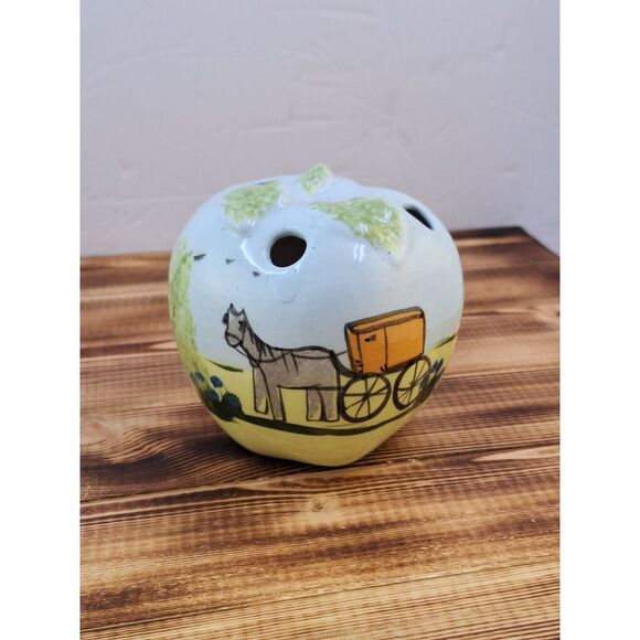 Vtg Apple Hand Painted Horse Buggy Scene Ceramic Pencil Holder Signed Dated 1983 - Picture 1 of 12